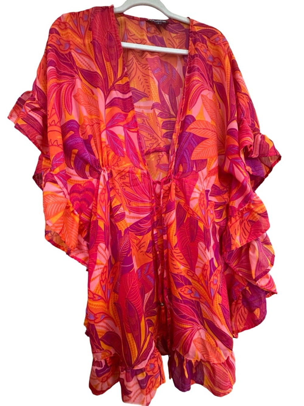 Vibrant Pink & Orange Tropical Print Kimono cover up 1X